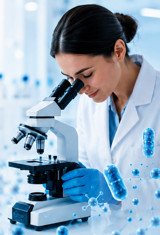 Scientifique CURAMEDICA au microscope